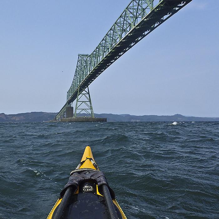 kayak bow under the Astoria-Megler Bridge