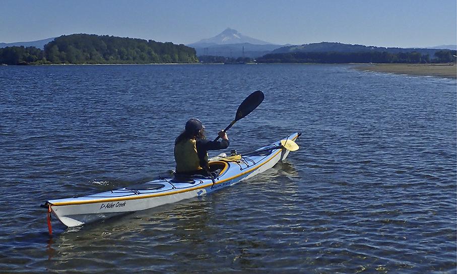 kayaker on the Columbia, Mt. Hood in the distance