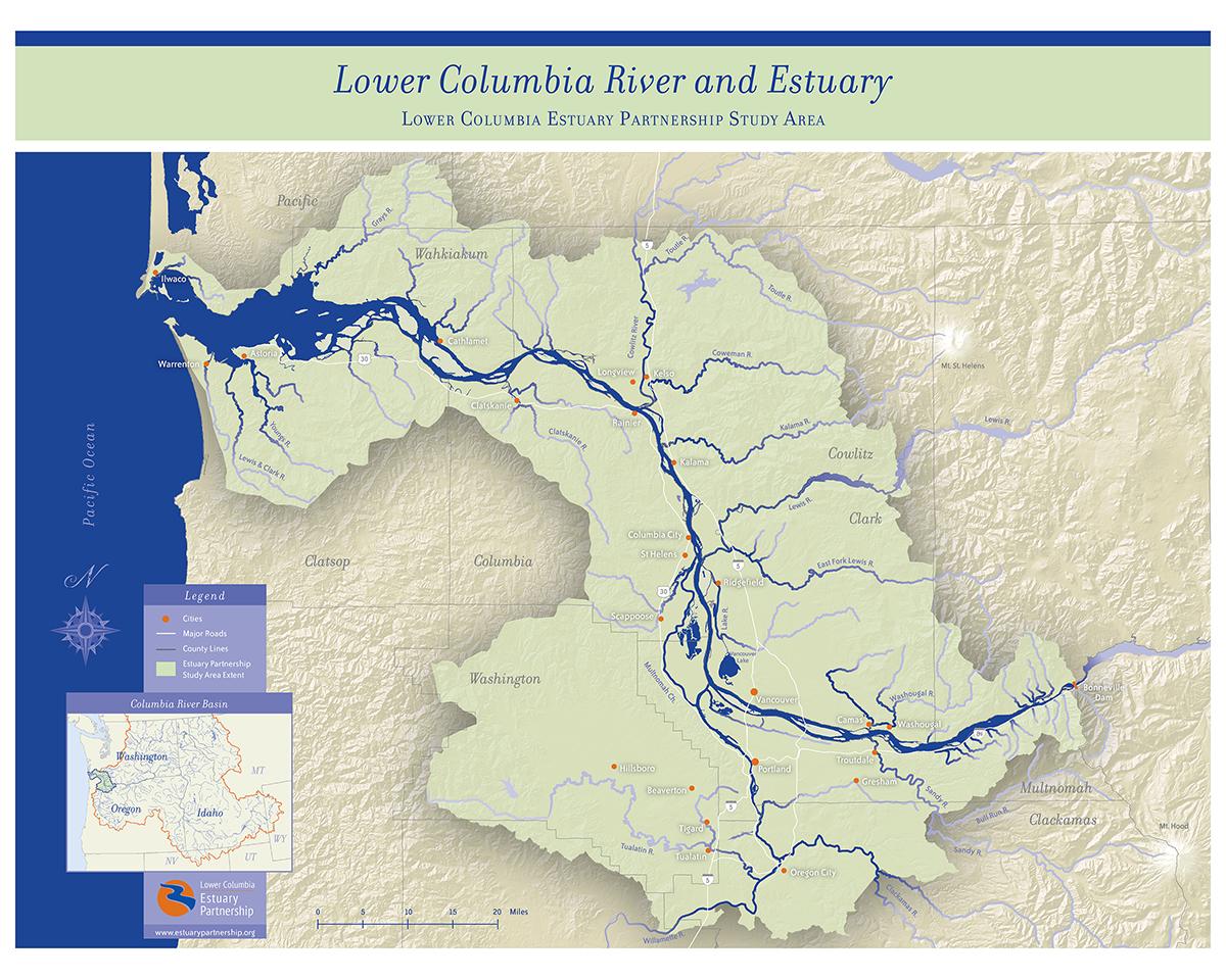 map shows the areas of Washington and Oregon included in the Estuary Partnership's study area