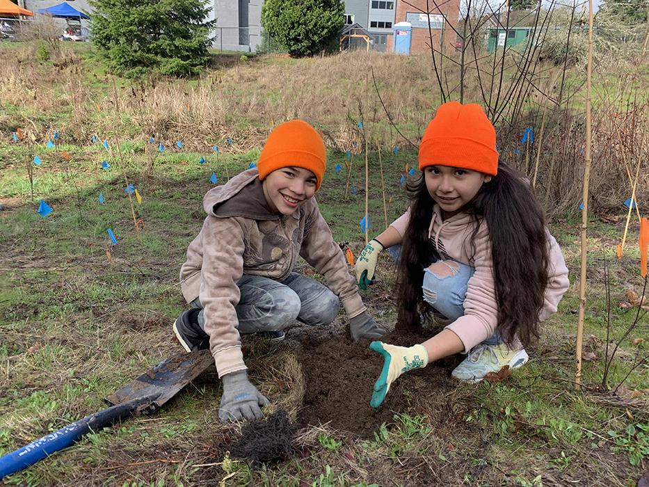 two students planting a tree