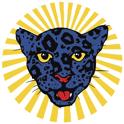 blue spotted leopard head in a sunburst