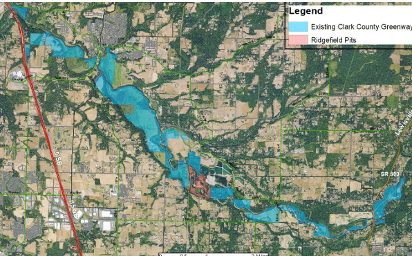 map depicting the Ridgefield Pits area in the midst of the current greenway