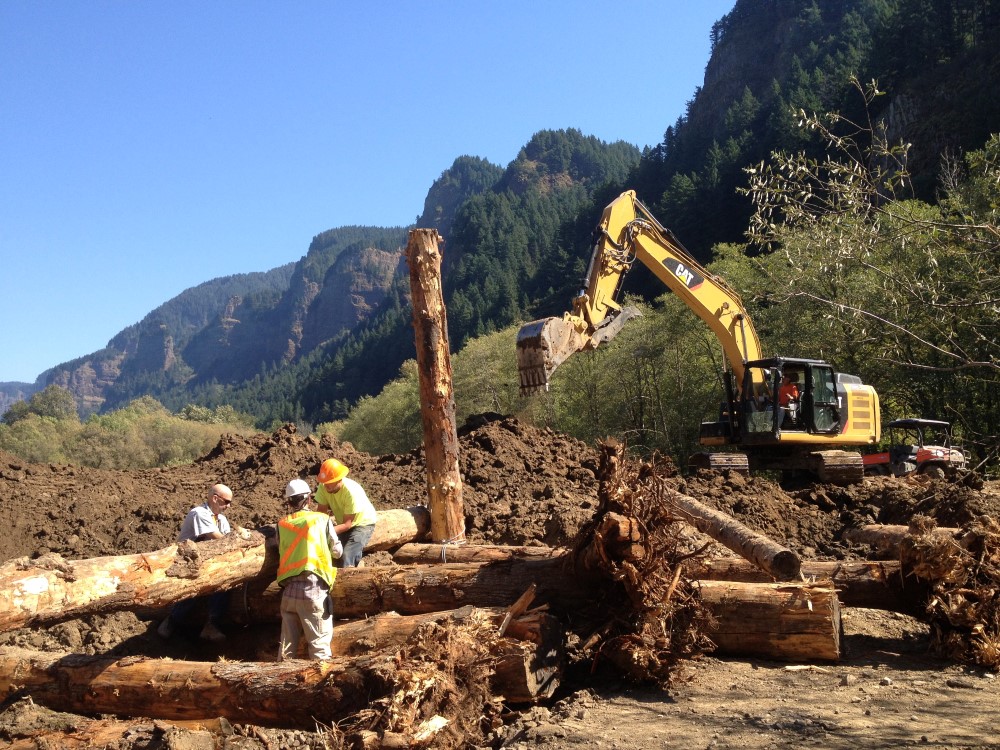 workers place large wood