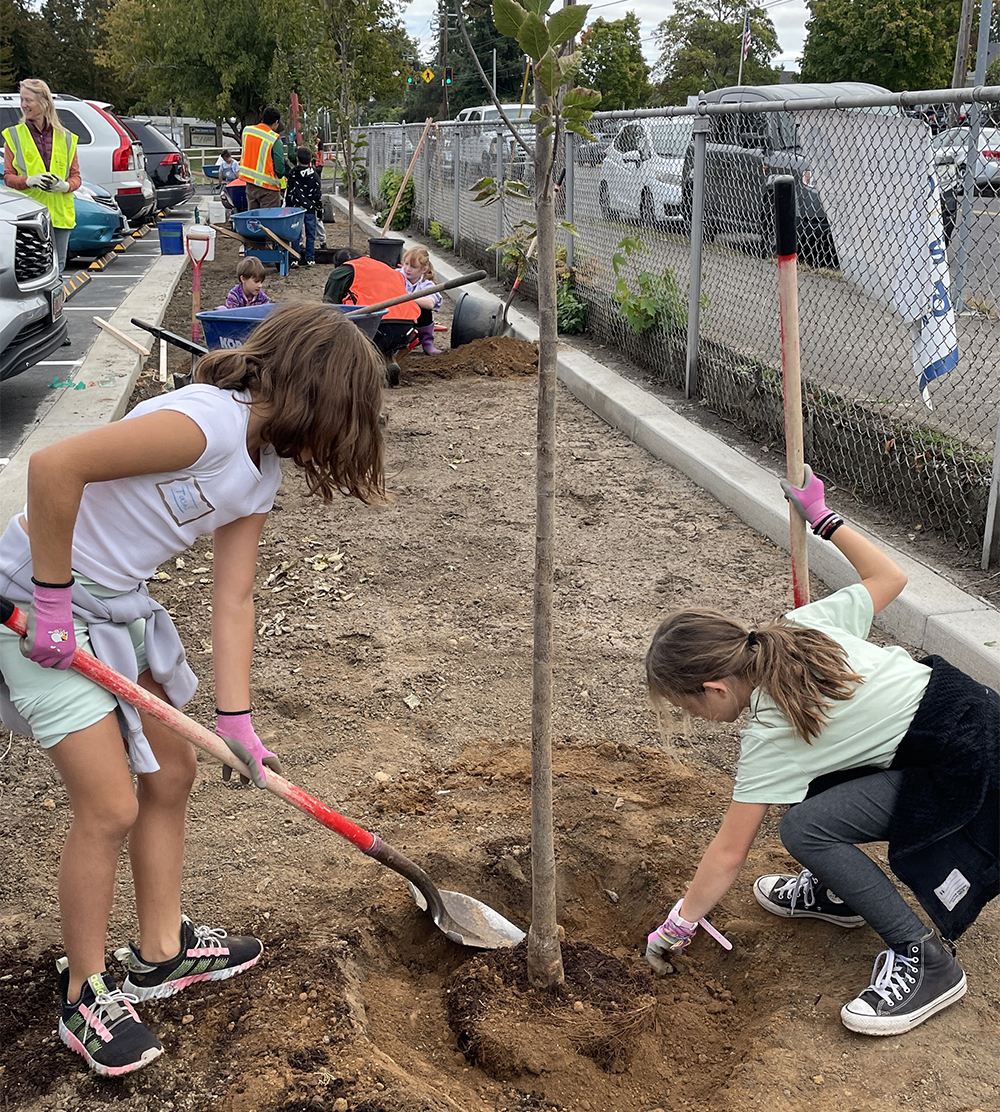 two children fill in the dirt around a tree's roots