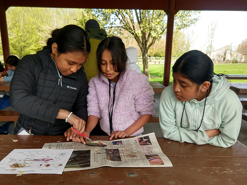 three children examine a salmon 