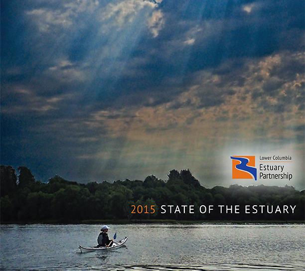 Report cover shows woman kayaking the Columbia under crepuscular rays