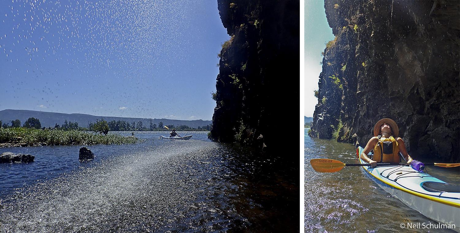 two photos show a kayaker getting a shower in a waterfall on a sunny day