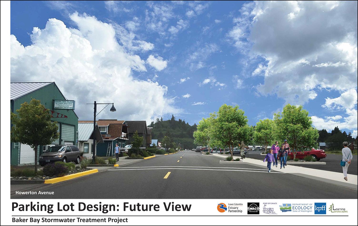 Ilwaco streetscape showing new street trees and stormwater features