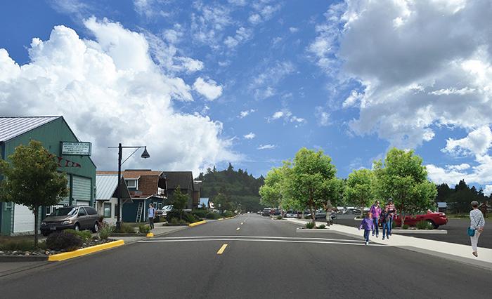 an Ilwaco streetscape with new trees and stormwater features