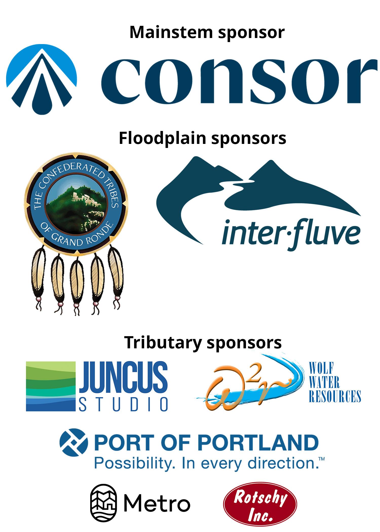 Logos for Consor Engineers, Confedered Tribes of Grand Ronde, Inter-Fluve, Juncus Studio, Wolf Water Resources, Port of Portland, Rotschy, and Metro