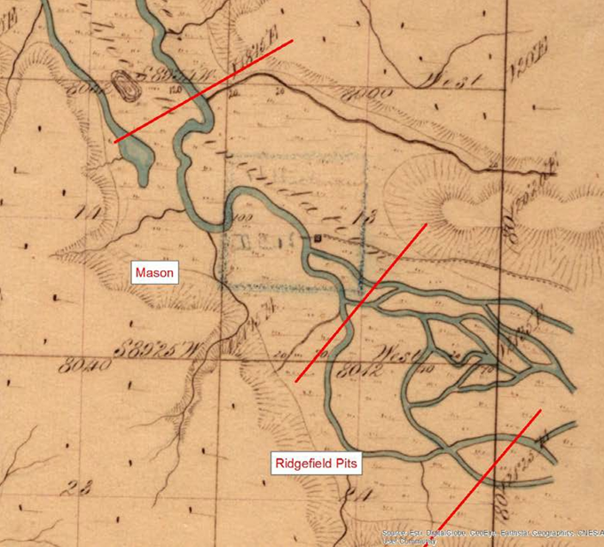 Historical map showing multiple braiding channels of the East Fork