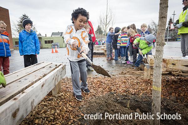 student shovels dirt into a hole with a newly planted tree