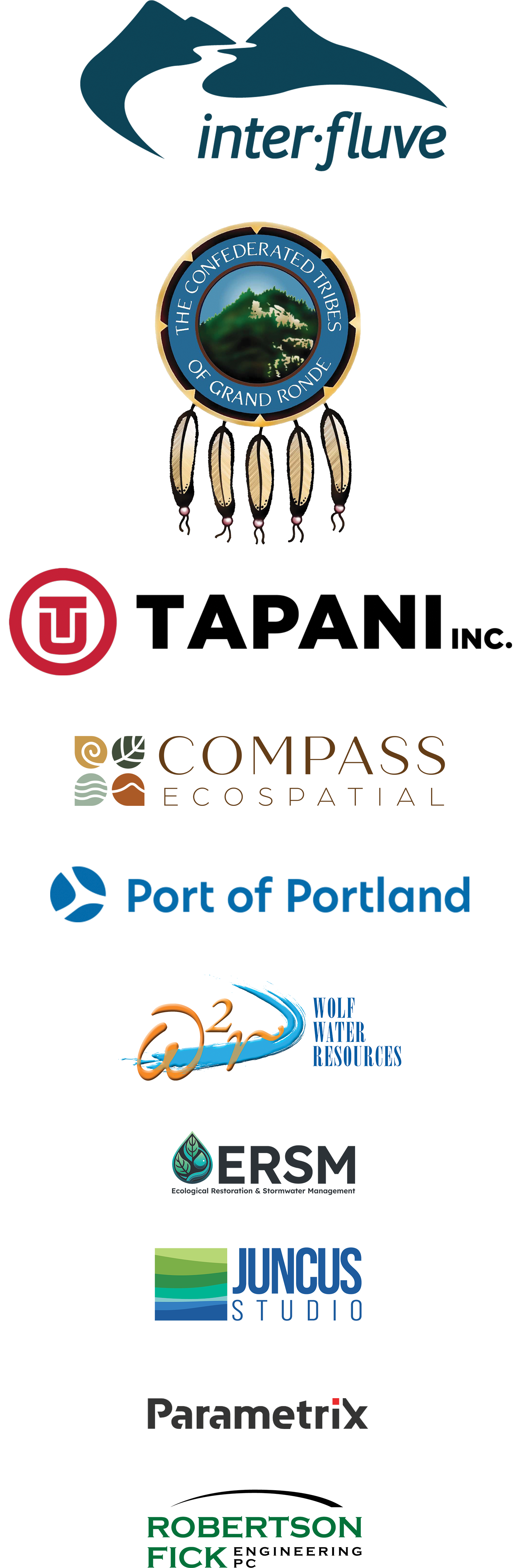 Sponsor logos: Inter-Fluve, Confederated Tribes of Grand Ronde, Tapani, Wolf Water Resources, Port of Portland, Compass EcoSpatial, ERSM, Juncus Studio, Parametrix, Robertson Fick