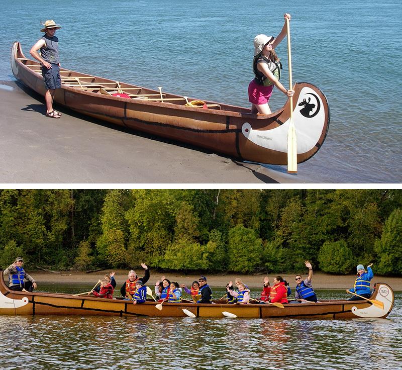a group of 18 people in a big canoe smiling and waving