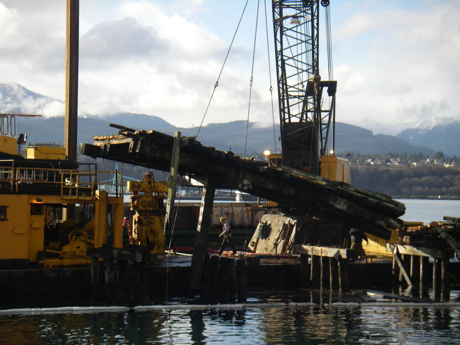 crane removes an old piling from the river