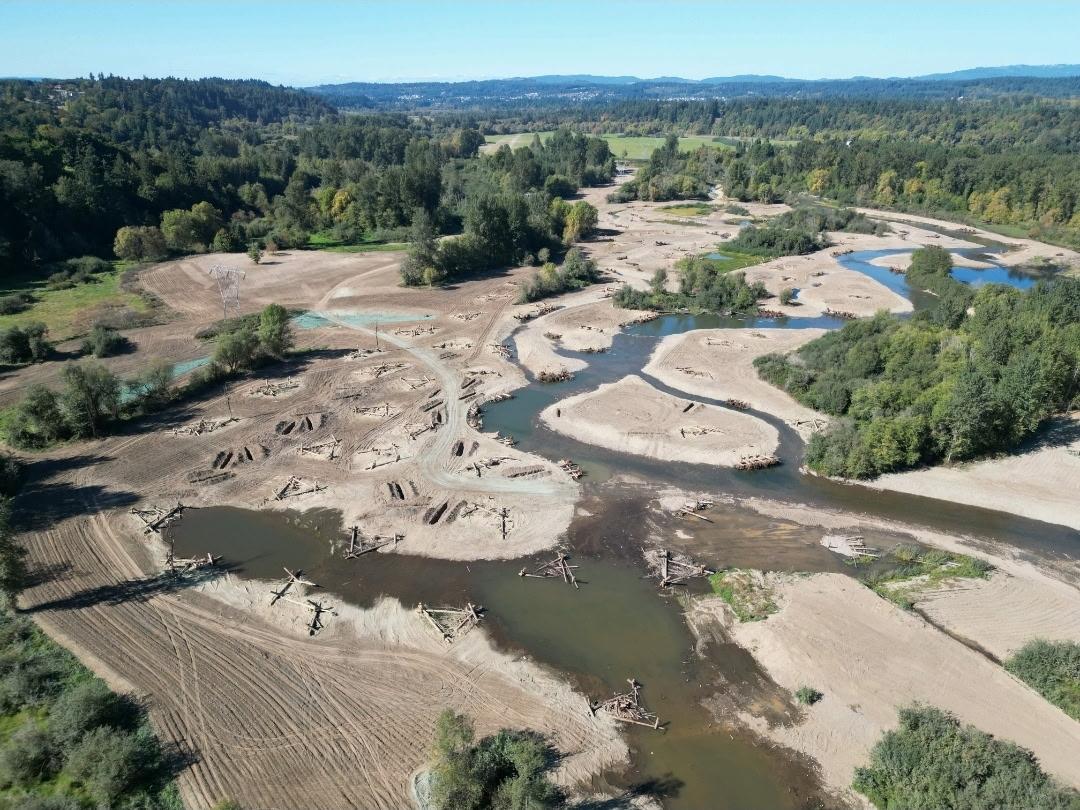 new channels and filled gravel pits in an aerial image of the East Fork