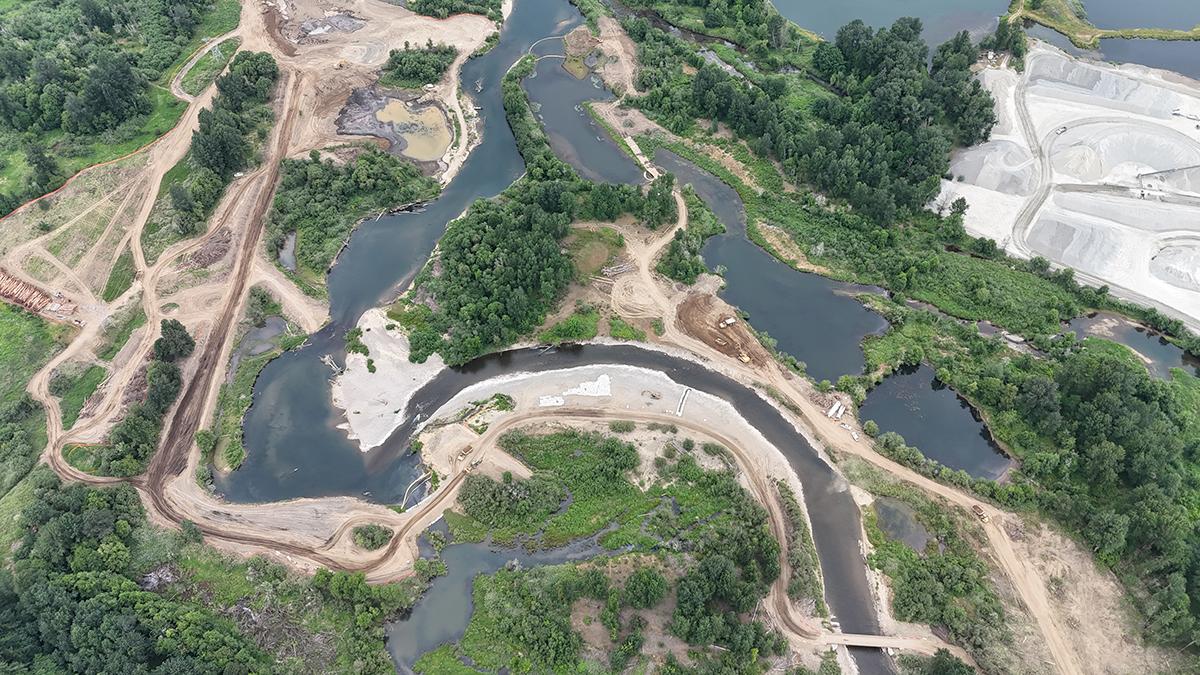 aerial image with a temporary bridge in the lower right corner