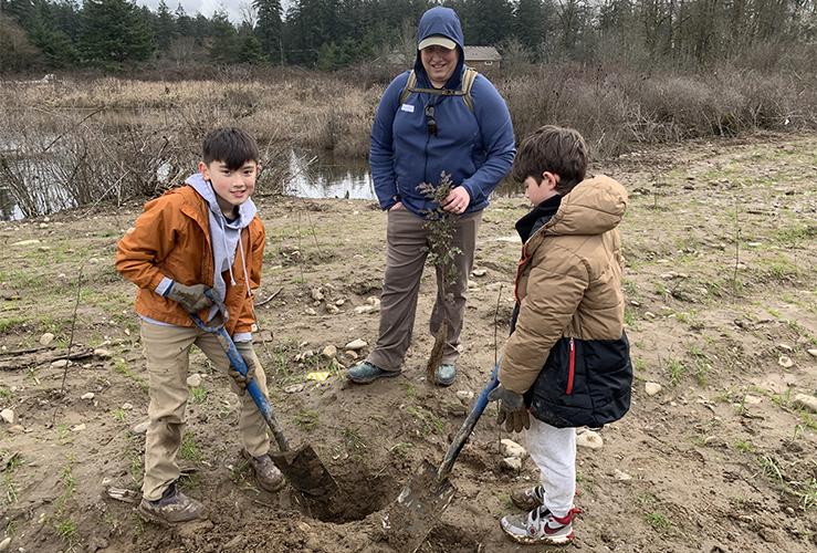 two boys dig a hole while an adult watches on, holding a bare root plant