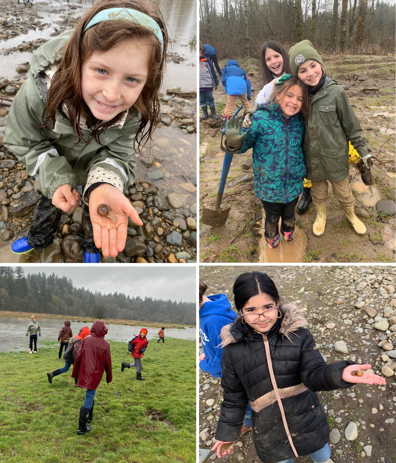 four pictures show a student smiling and holding a snail, two students stand in a puddle and embrace, a student holds two agates, and students run in the rain