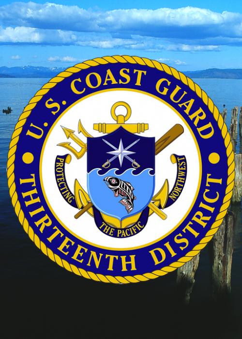 us coast guard logo over a picture of the Columbia River