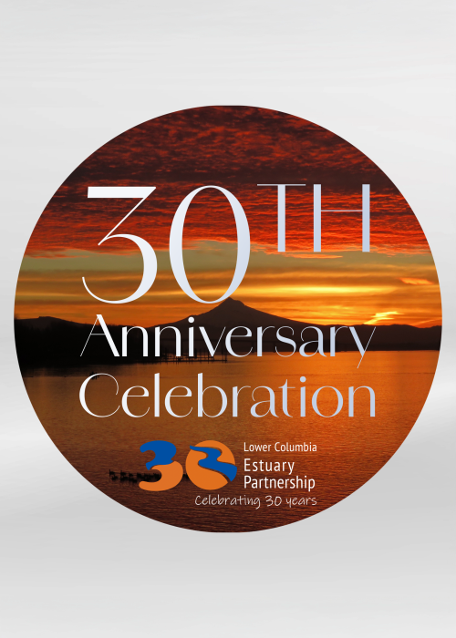 colorful sunrise over the Columbia River with a silhouette of Mt. Hood with the words "30th Anniversary Celebration" superimposed