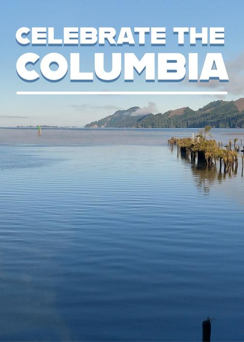 the Columbia River stretches out with hills in the background and pilings along the shore